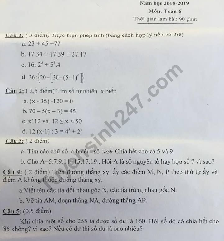 De thi giua hoc ki 1 mon Toan lop 6 - Thuan Thanh 2018 - 2019