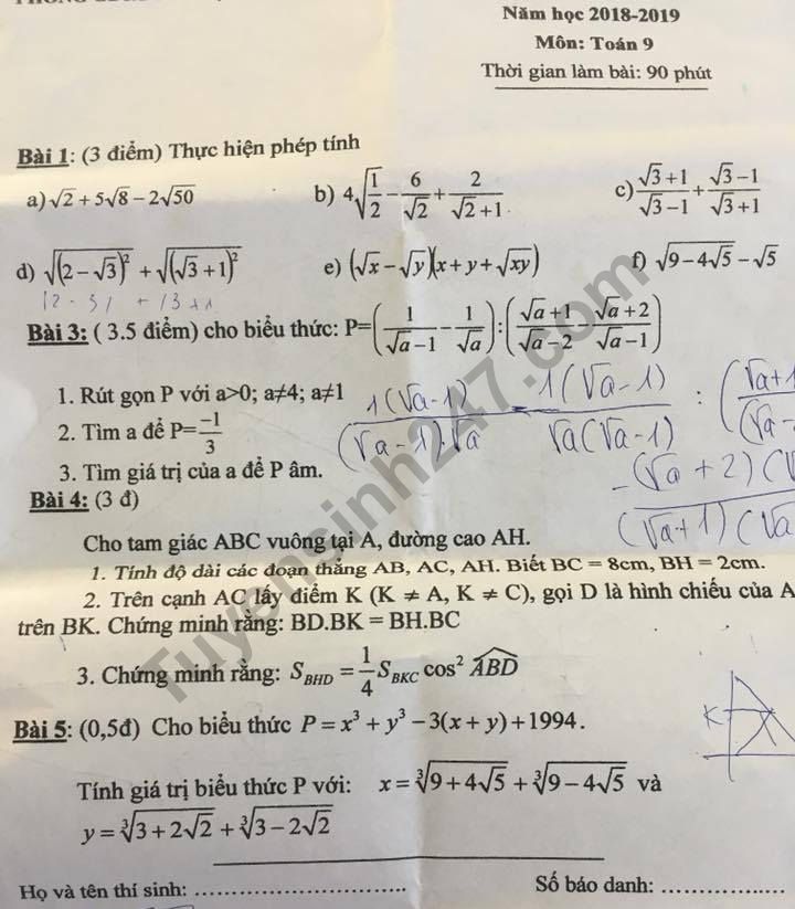 De thi giua hoc ki 1 lop 9 mon Toan - Thuan Thanh 2018 - 2019