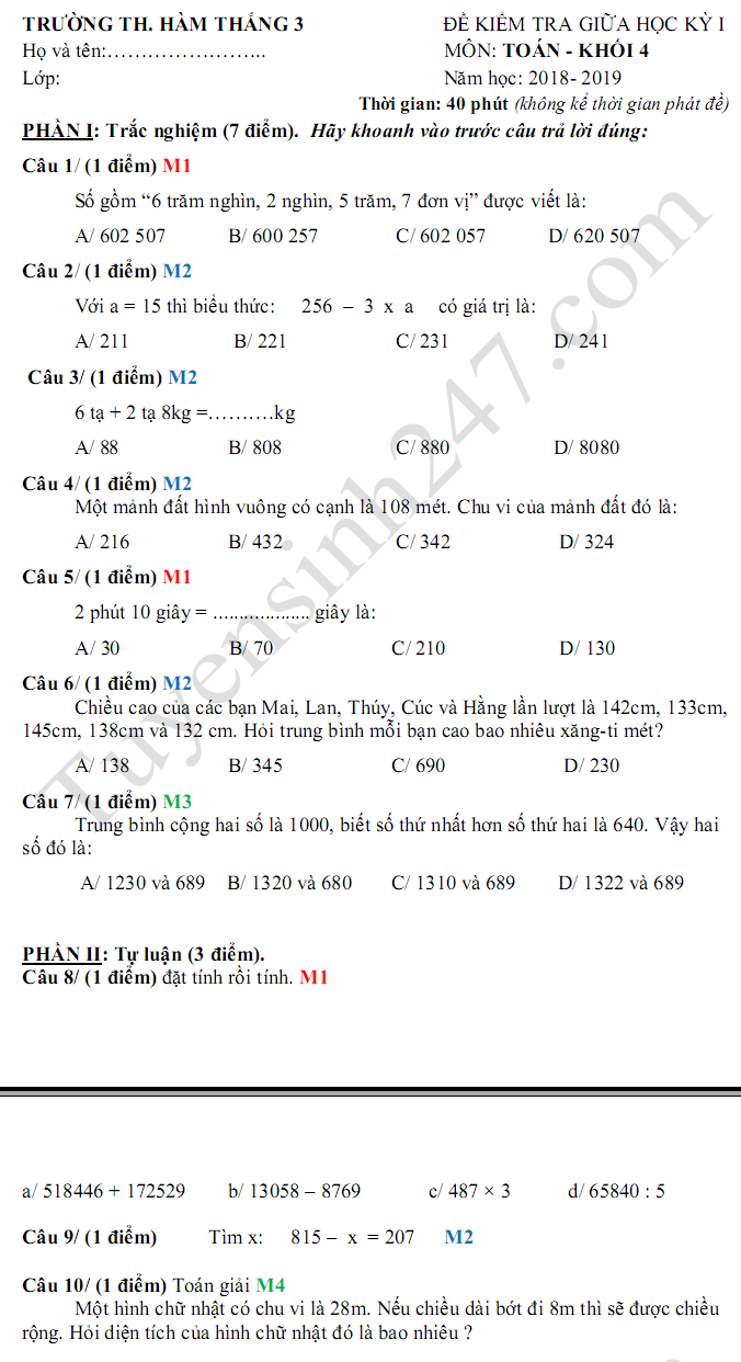 De thi giua ki 1 lop 4 mon Toan 2018 - 2019 TH Ham Thang 3
