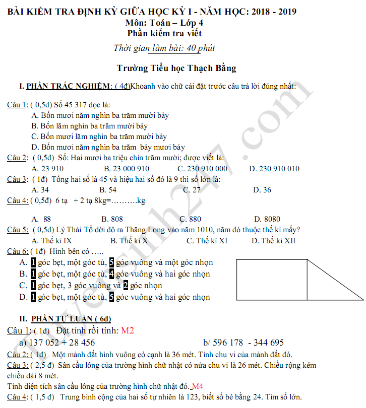De thi giua ki 1 lop 4 mon Toan 2018 - 2019 TH Thach Bang