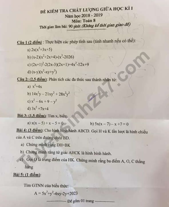 De thi giua ki 1 lop 8 mon Toan 2018 - 2019 Yen Phong