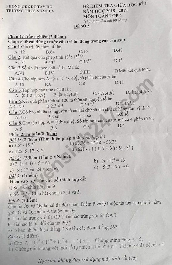 De thi giua ki 1 lop 6 mon Toan 2018 - 2019 THCS Xuan La