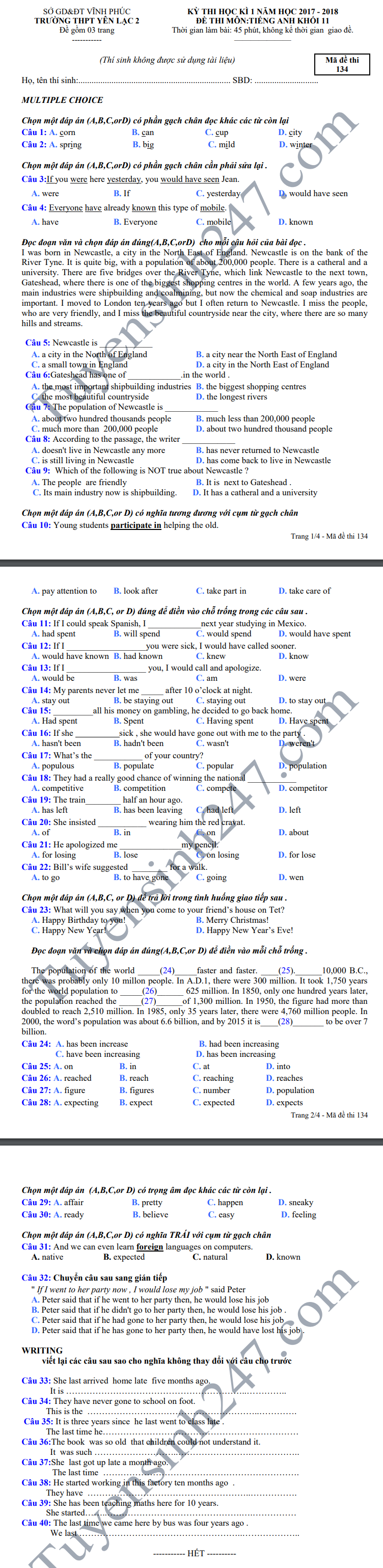 De thi hoc ki 1 lop 11 mon Anh - THPT Yen Lac 2 nam 2018