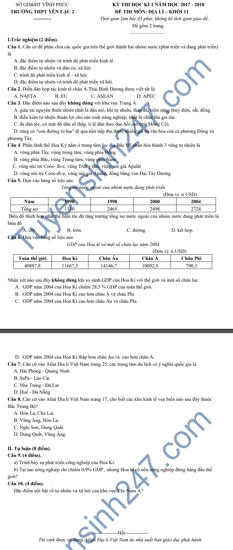 De thi hoc ki 1 lop 11 mon Dia - THPT Yen Lac 2 nam 2018
