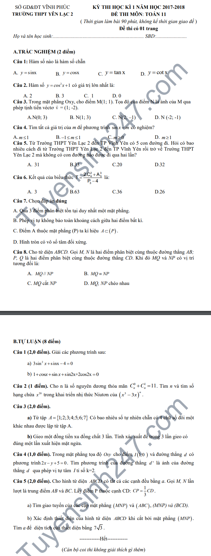 De thi hoc ki 1 lop 11 mon Toan - THPT Yen Lac 2 nam 2018