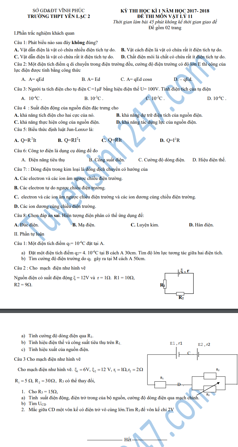 De thi hoc ki 1 lop 11 mon Vat ly - THPT Yen Lac 2 nam 2018