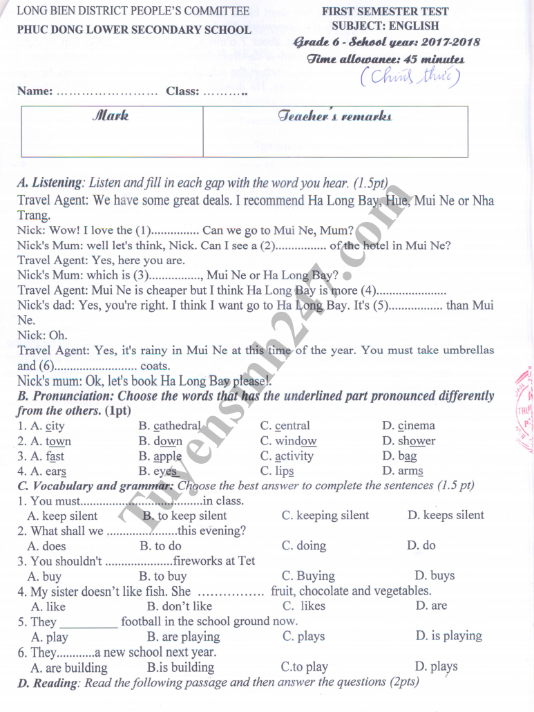 De thi hoc ki 1 lop 6 mon Anh - THCS Phuc Dong nam 2018