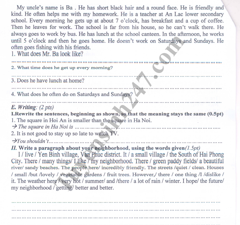De thi hoc ki 1 lop 6 mon Anh - THCS Phuc Dong nam 2018