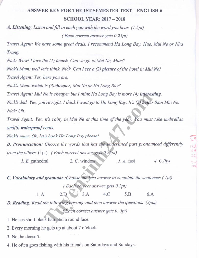De thi hoc ki 1 lop 6 mon Anh - THCS Phuc Dong nam 2018