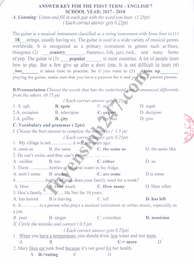 De thi hoc ki 1 lop 7 mon Anh - THCS Phuc Dong nam 2018