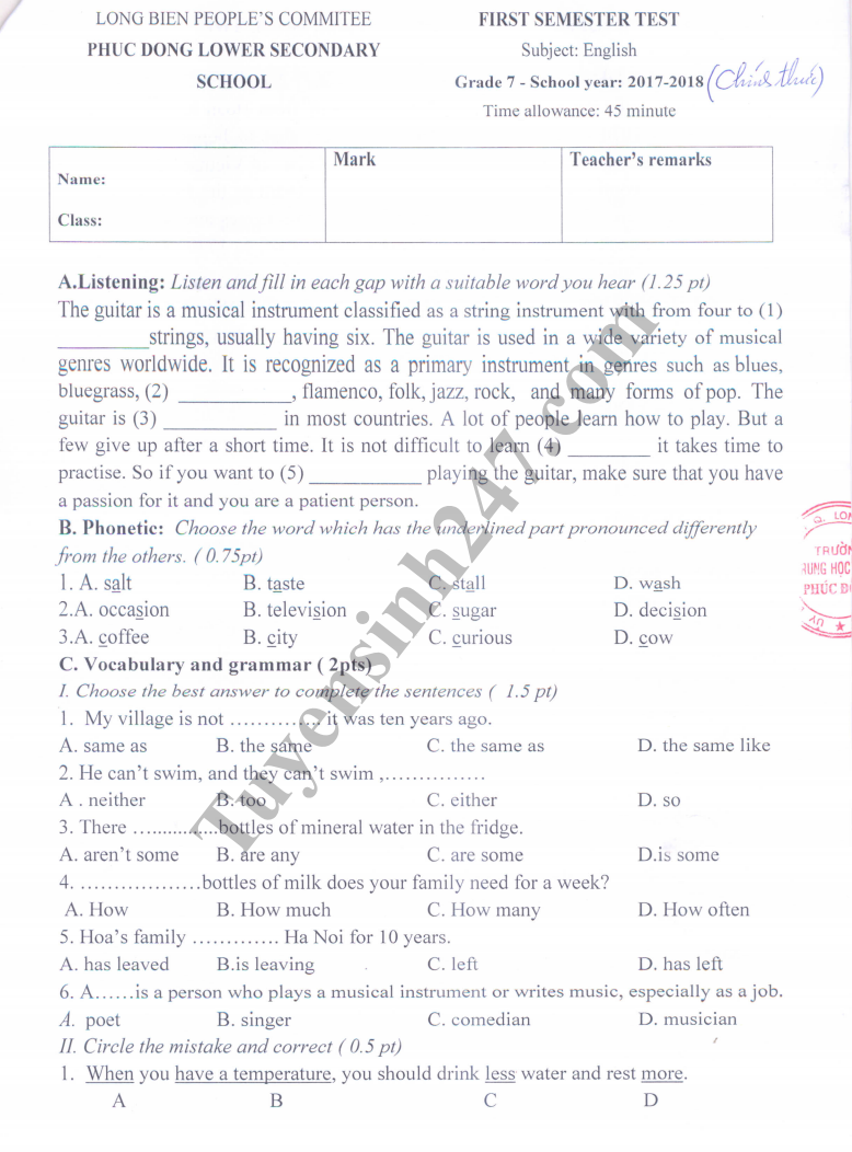 De thi hoc ki 1 lop 7 mon Anh - THCS Phuc Dong nam 2018