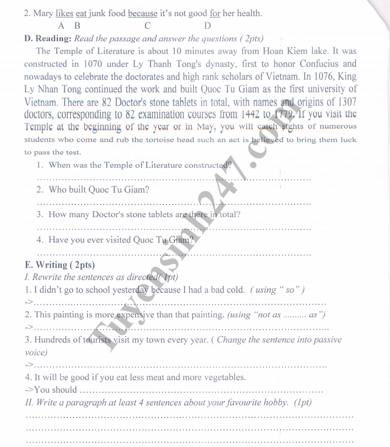 De thi hoc ki 1 lop 7 mon Anh - THCS Phuc Dong nam 2018