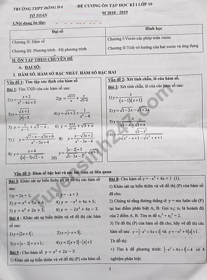 De cuong on tap hoc ki 1 lop 10 mon Toan 2018 - THPT Dong Da