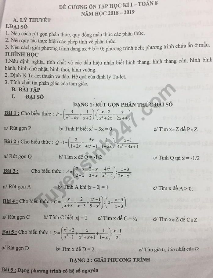 De cuong on tap ki 1 lop 8 mon Toan 2018 - THCS Dao Duy Tu