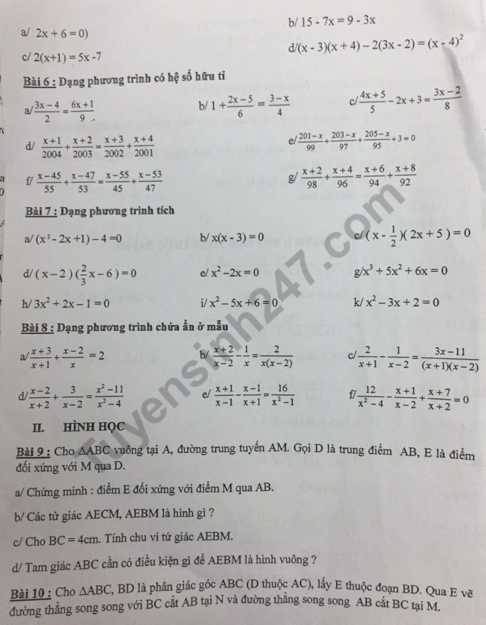 De cuong on tap ki 1 lop 8 mon Toan 2018 - THCS Dao Duy Tu