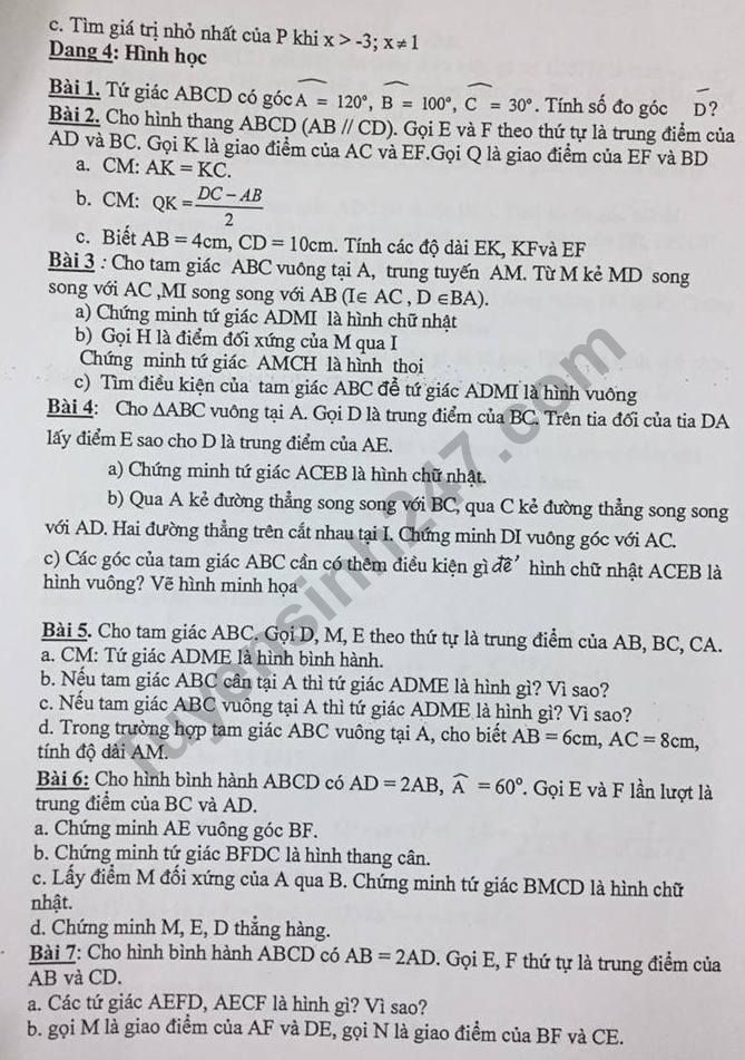 De cuong on tap ki 1 lop 8 mon Toan 2018 THCS Kim Giang