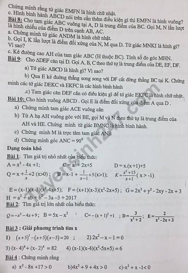 De cuong on tap ki 1 lop 8 mon Toan 2018 THCS Kim Giang