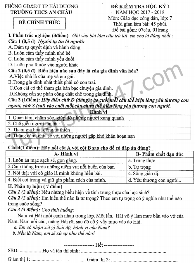 De thi ki 1 lop 7 mon GDCD 2018 - THCS An Chau