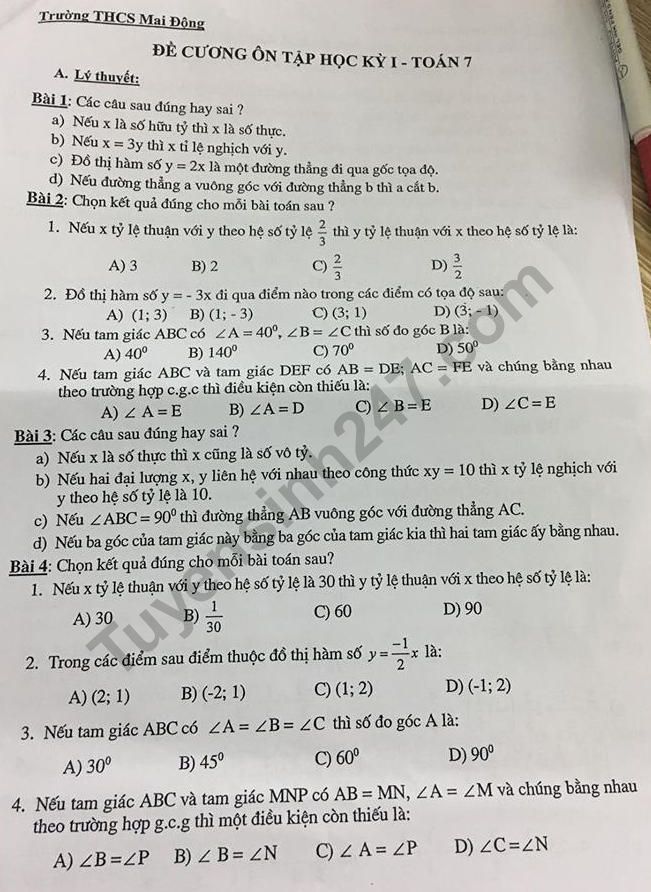 De cuong on tap ki 1 lop 7 mon Toan THCS Mai Dong 2018