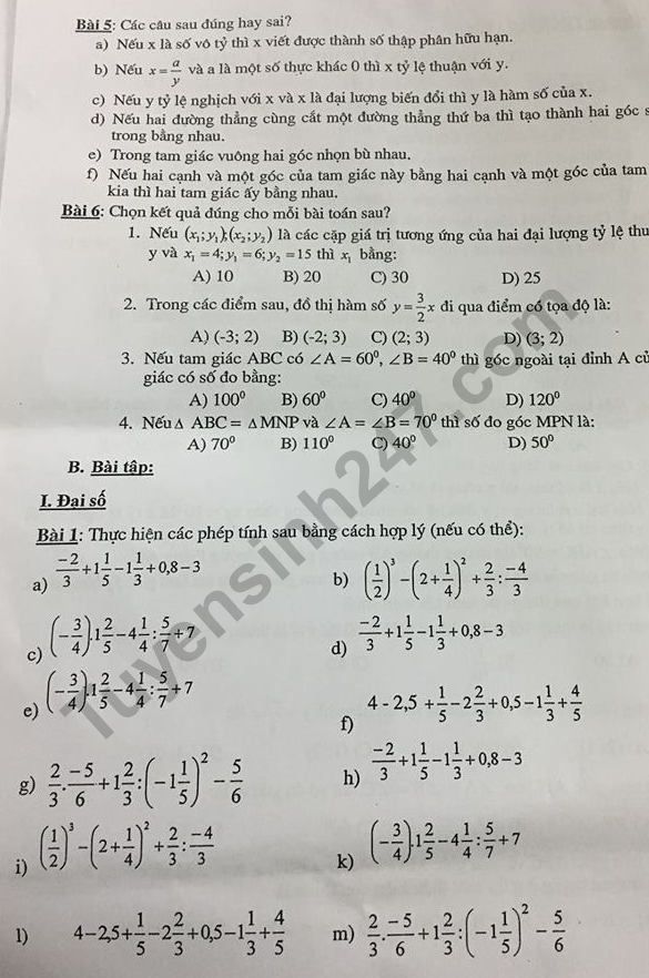 De cuong on tap ki 1 lop 7 mon Toan THCS Mai Dong 2018