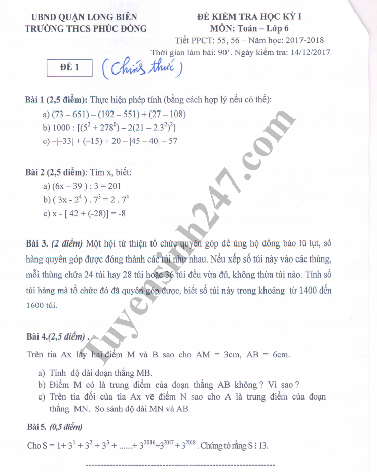 De thi hoc ki 1 lop 6 mon Toan - THCS Phuc Dong 2018