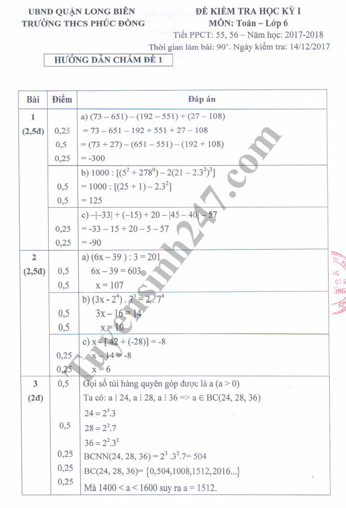De thi hoc ki 1 lop 6 mon Toan - THCS Phuc Dong 2018