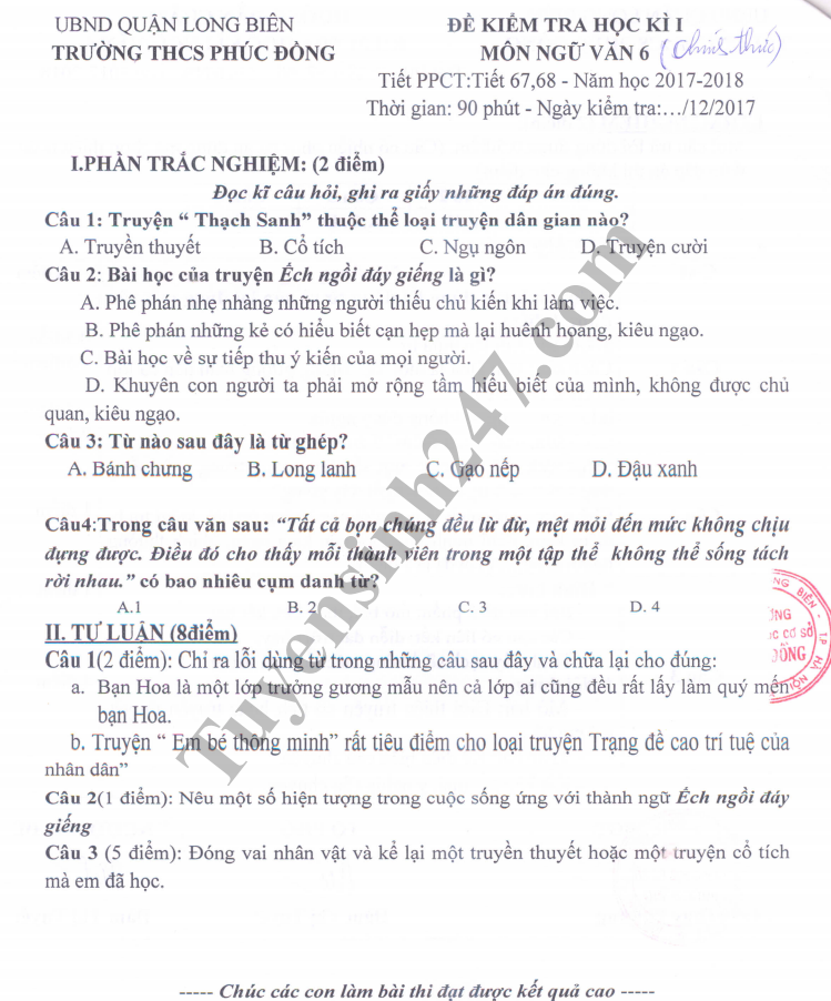De thi hoc ky 1 lop 6 mon Van - THCS Phuc Dong nam 2018