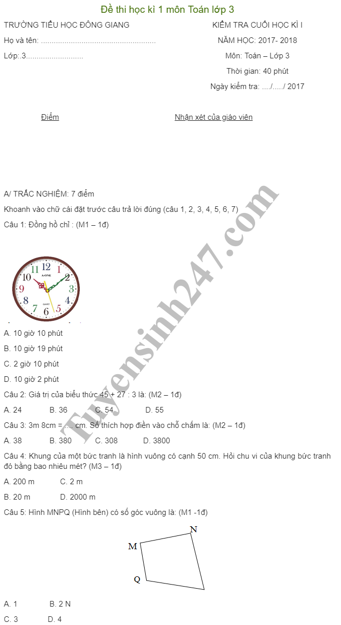 De thi hoc ky 1 lop 3 mon Toan - Tieu hoc Dong Giang 2018
