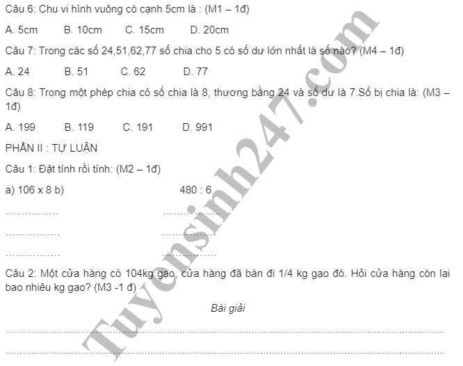 De thi hoc ky 1 lop 3 mon Toan - Tieu hoc Dong Giang 2018