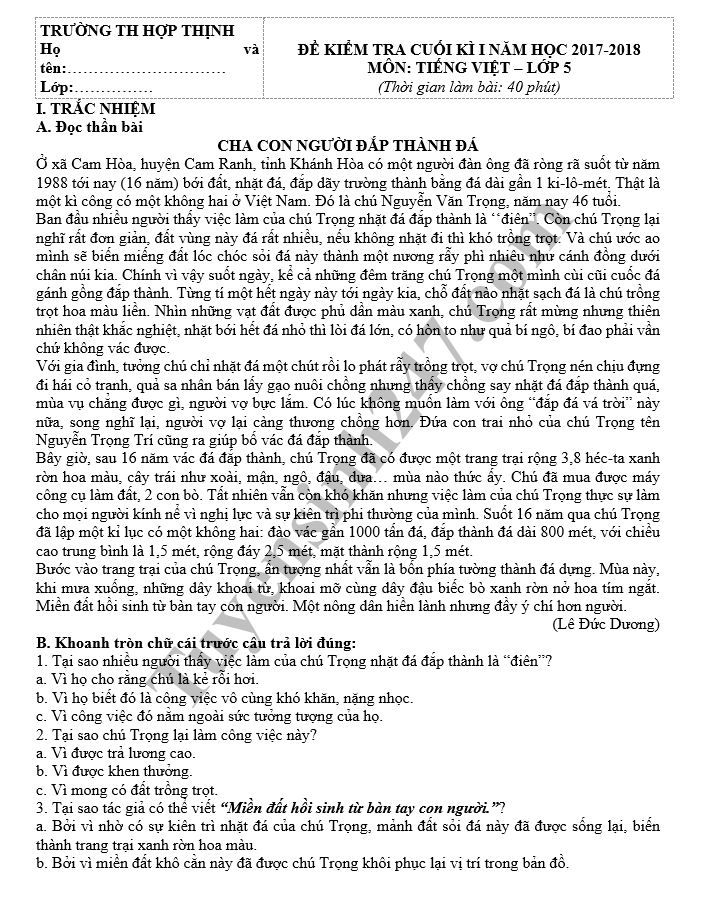De thi hoc ky 1 lop 5 mon Tieng Viet - Tieu hoc Hop Thinh 2018