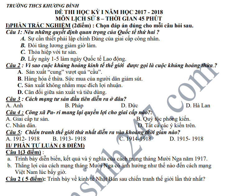 De thi hoc ky 1 lop 8 mon Su - THCS Khuong Dinh nam 2018