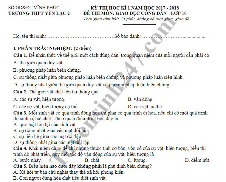 De thi hoc ky 1 lop 10 mon GDCD - THPT Yen Lac 2 nam 2018
