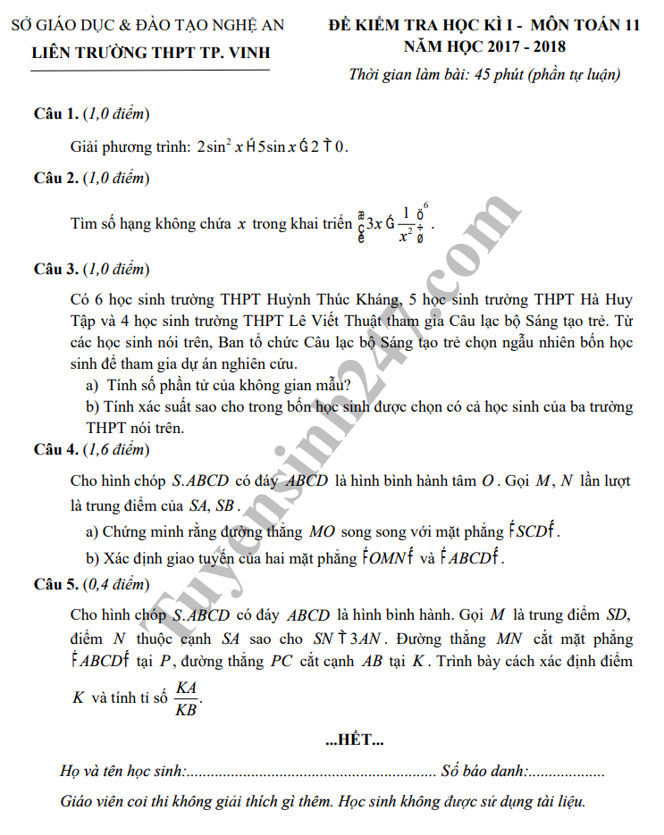 De thi hoc ky 1 lop 11 mon Toan - Lien Truong THPT TP. Vinh 2018