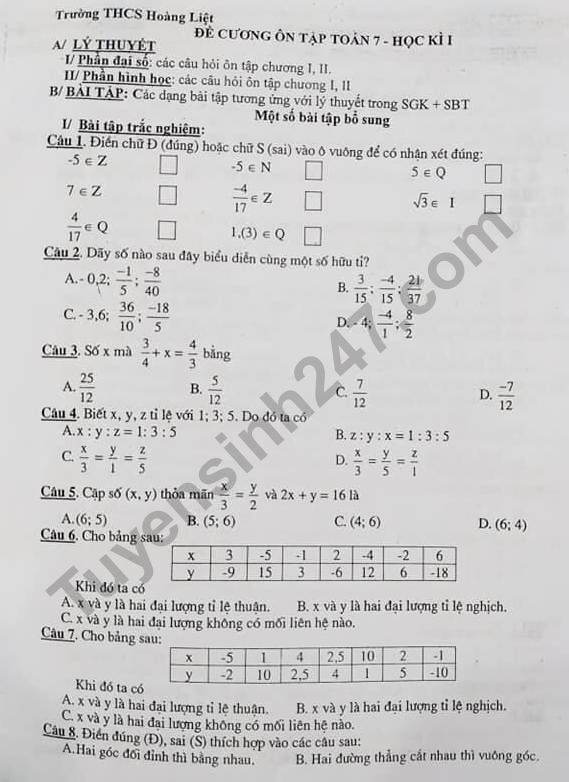 De cuong on tap ki 1 lop 7 mon Toan - THCS Hoang Liet 2018