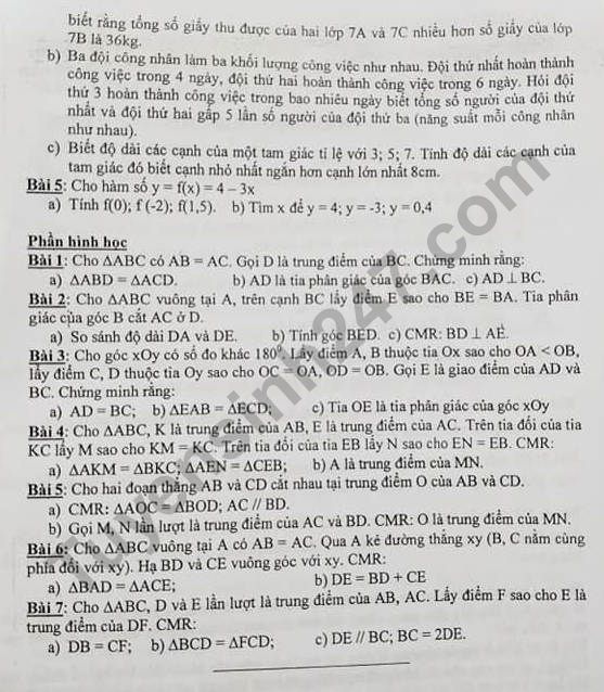De cuong on tap ki 1 lop 7 mon Toan - THCS Hoang Liet 2018
