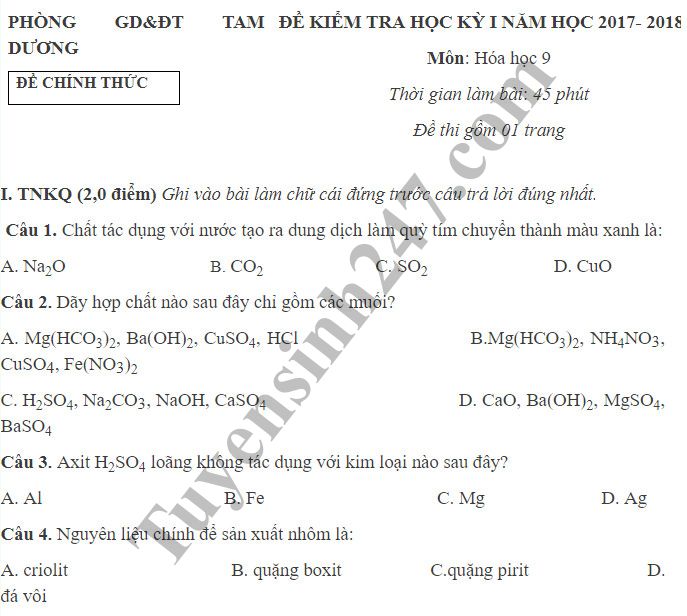 De kiem tra hoc ky 1 lop 9 mon Hoa - Phong GD Tam Duong 2018