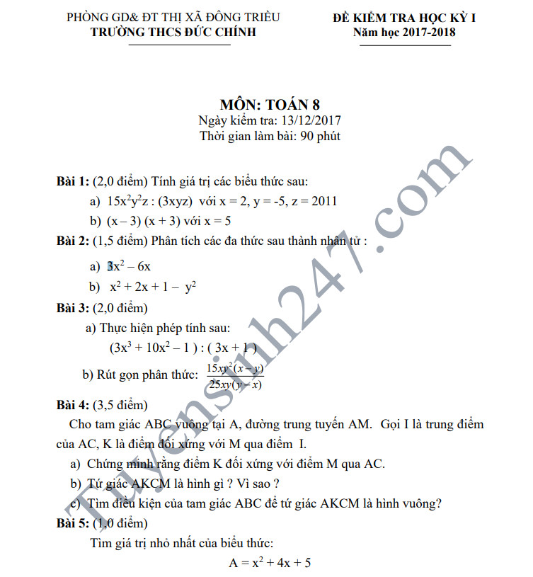 De thi hoc ky 1 lop 8 mon Toan - THCS Duc Chinh nam 2018