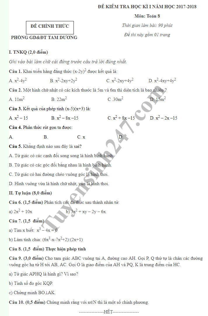 De thi hoc ky 1 lop 8 mon Toan - Phong GD Tam Duong 2018