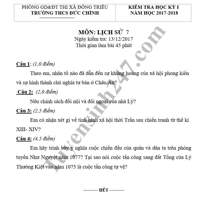 De thi hoc ky 1 lop 7 mon Su - THCS Duc Chinh nam 2018