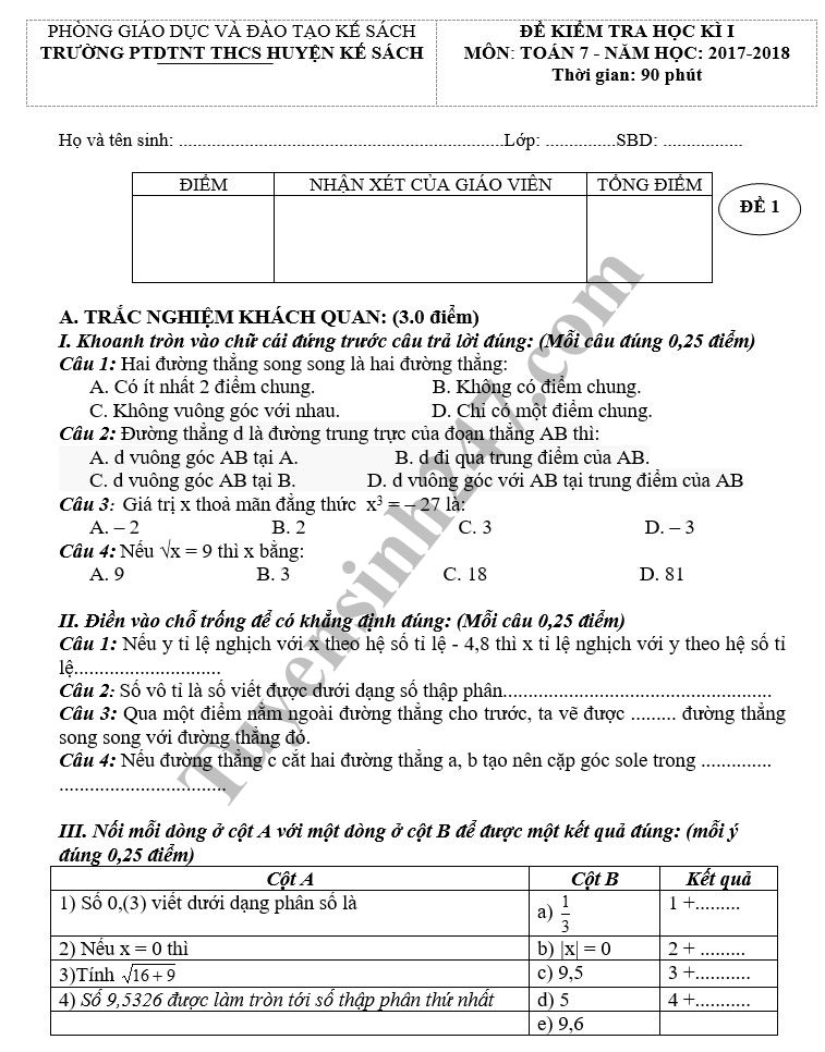 De thi hoc ky 1 lop 7 mon Toan 2018 - PTDTNT THCS H. Ke Sach