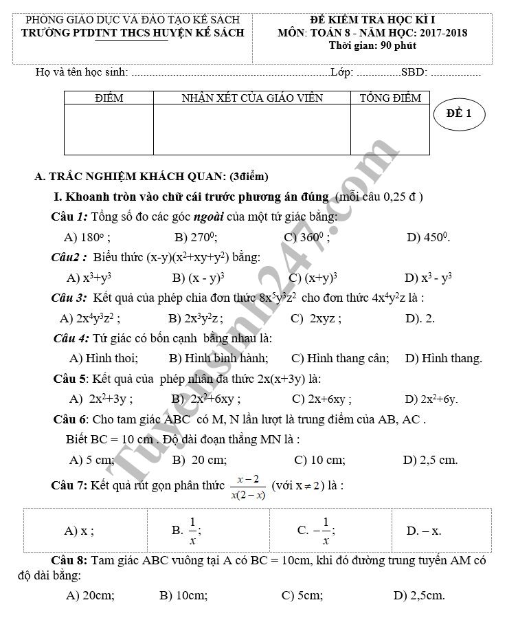 De thi hoc ky 1 lop 8 mon Toan 2018 - PTDTNT THCS H. Ke Sach