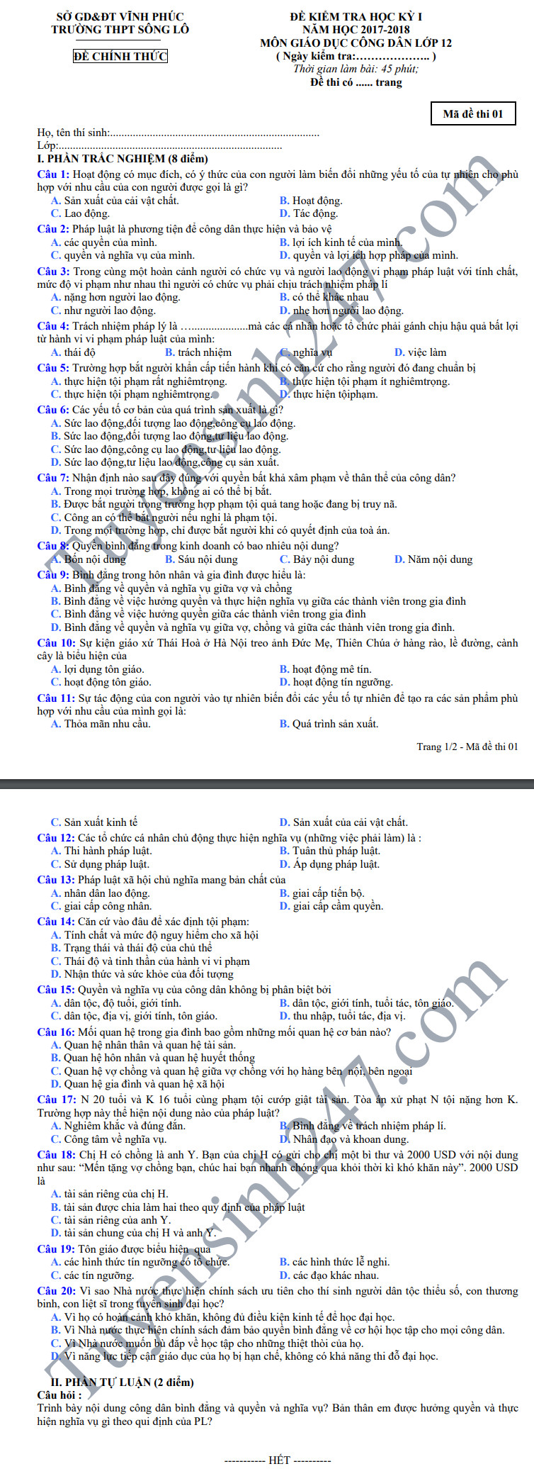 De thi hoc ky 1 lop 12 mon GDCD - THPT Song Lo nam 2018