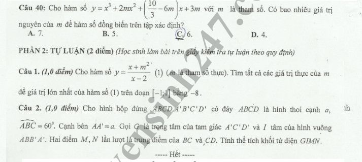 De thi hoc ky 1 lop 12 mon Toan - So GD Tay Ninh nam 2018