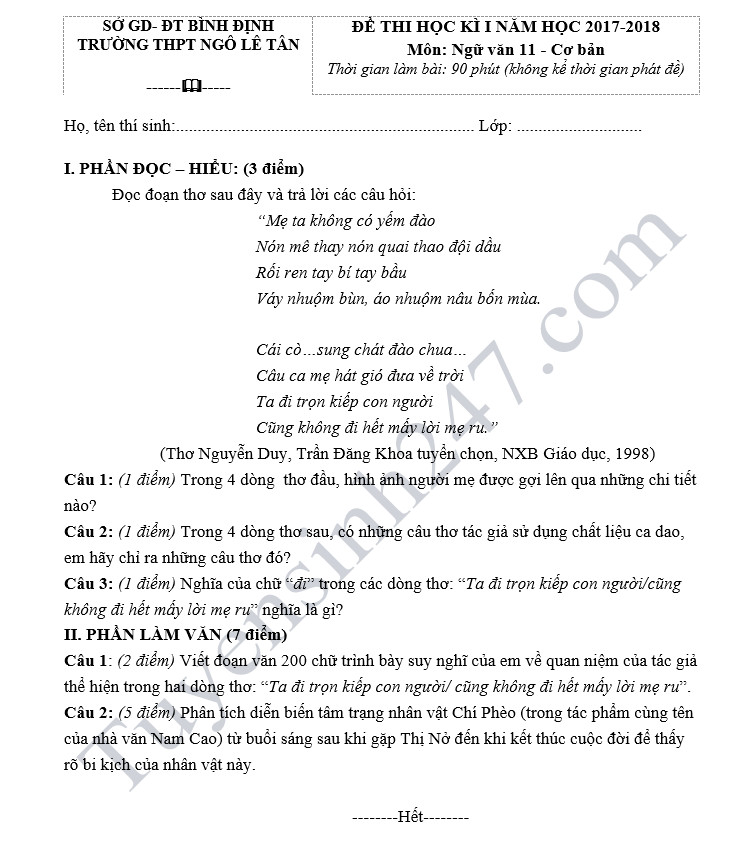 De thi hoc ky 1 lop 11 mon Van - THPT Ngo Le Tan nam 2018
