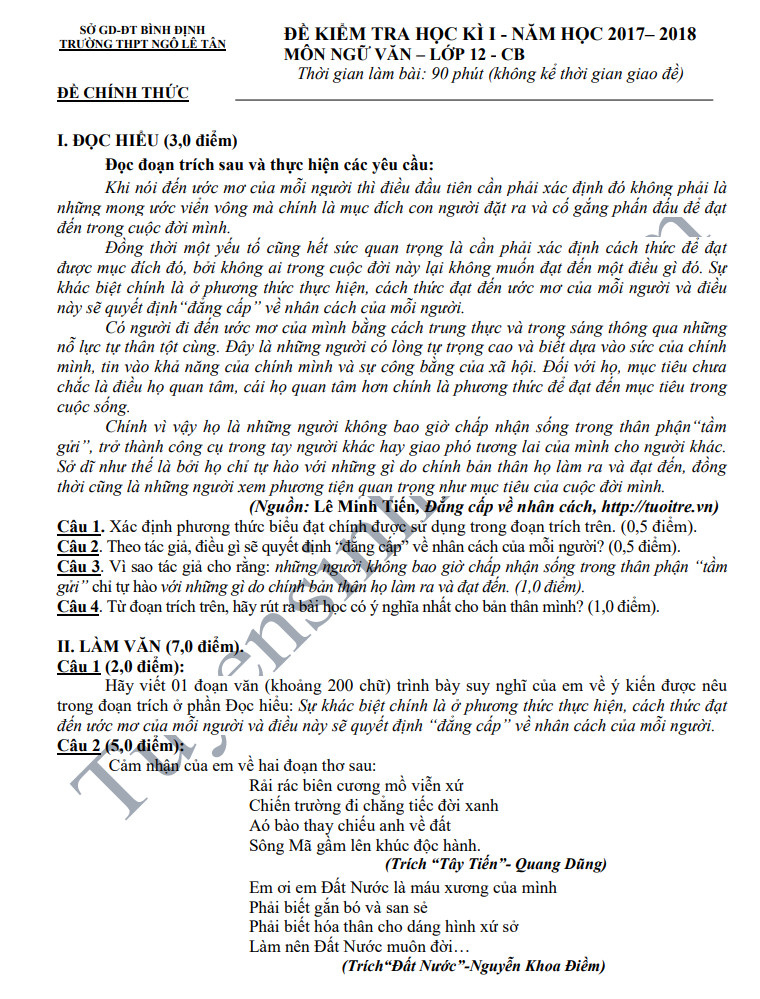 De thi hoc ky 1 lop 12 mon Van - THPT Ngo Le Tan 2018
