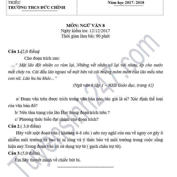 De thi hoc ky 1 lop 8 mon Van - THCS Duc Chinh nam 2018