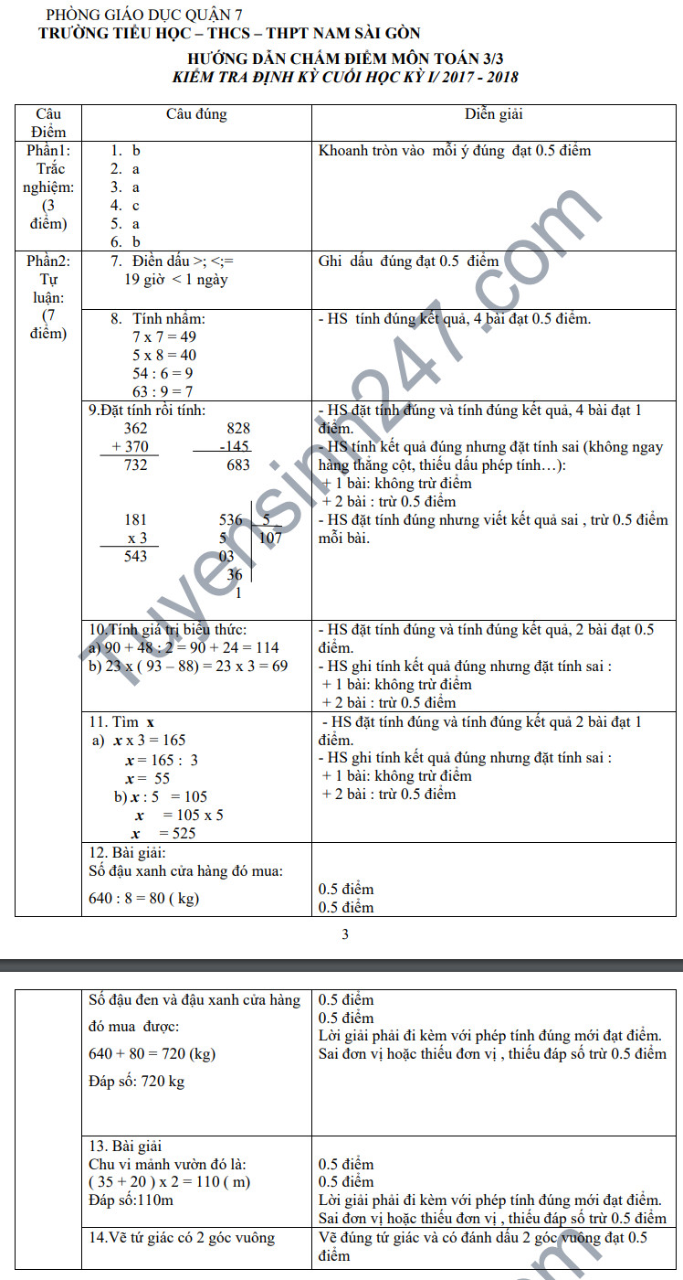 De thi hoc ky 1 lop 3 mon Toan - Tieu hoc Nam Sai Gon 2018