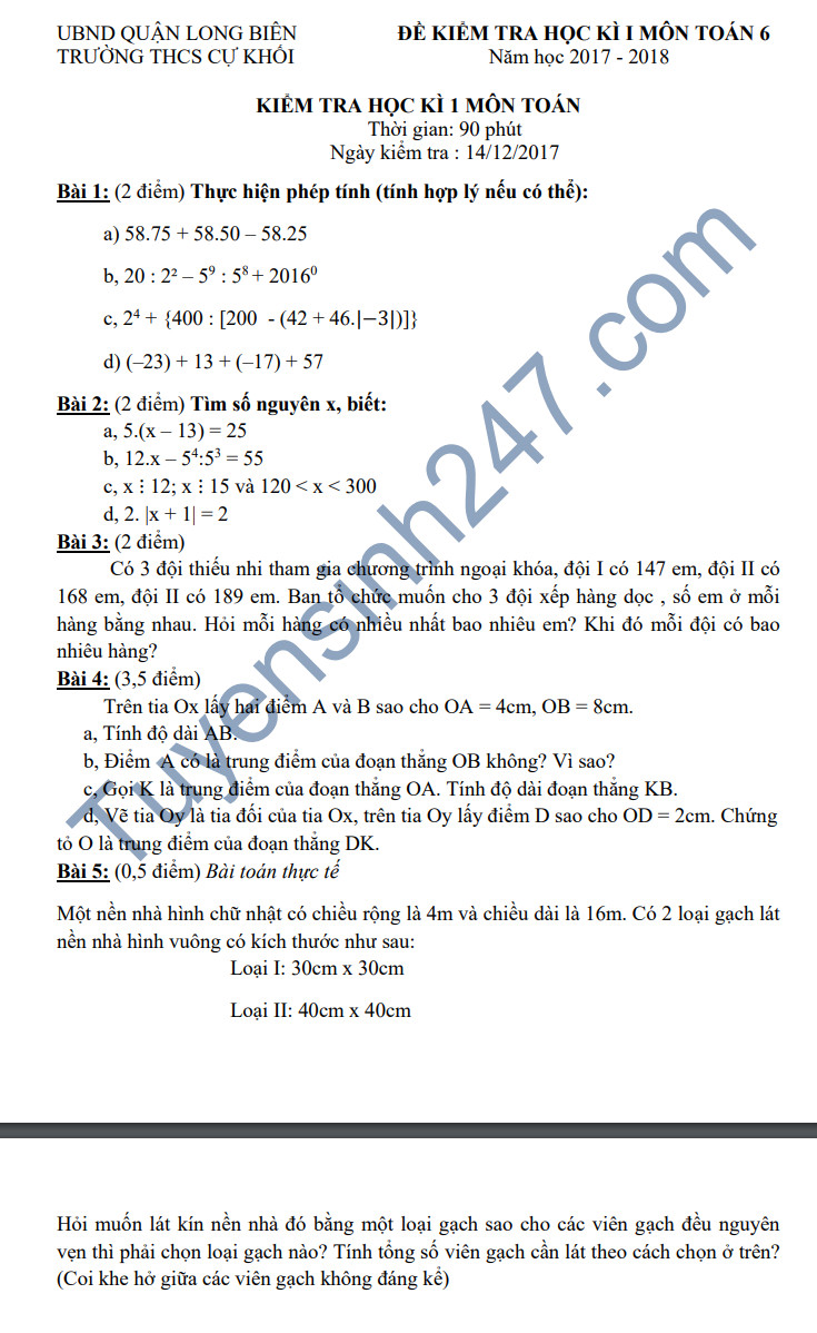 De thi hoc ky 1 lop 6 mon Toan - THCS Cu Khoi nam 2018