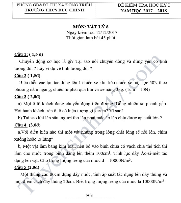 De thi hoc ky 1 lop 8 mon Ly - THCS Duc Chinh nam 2018