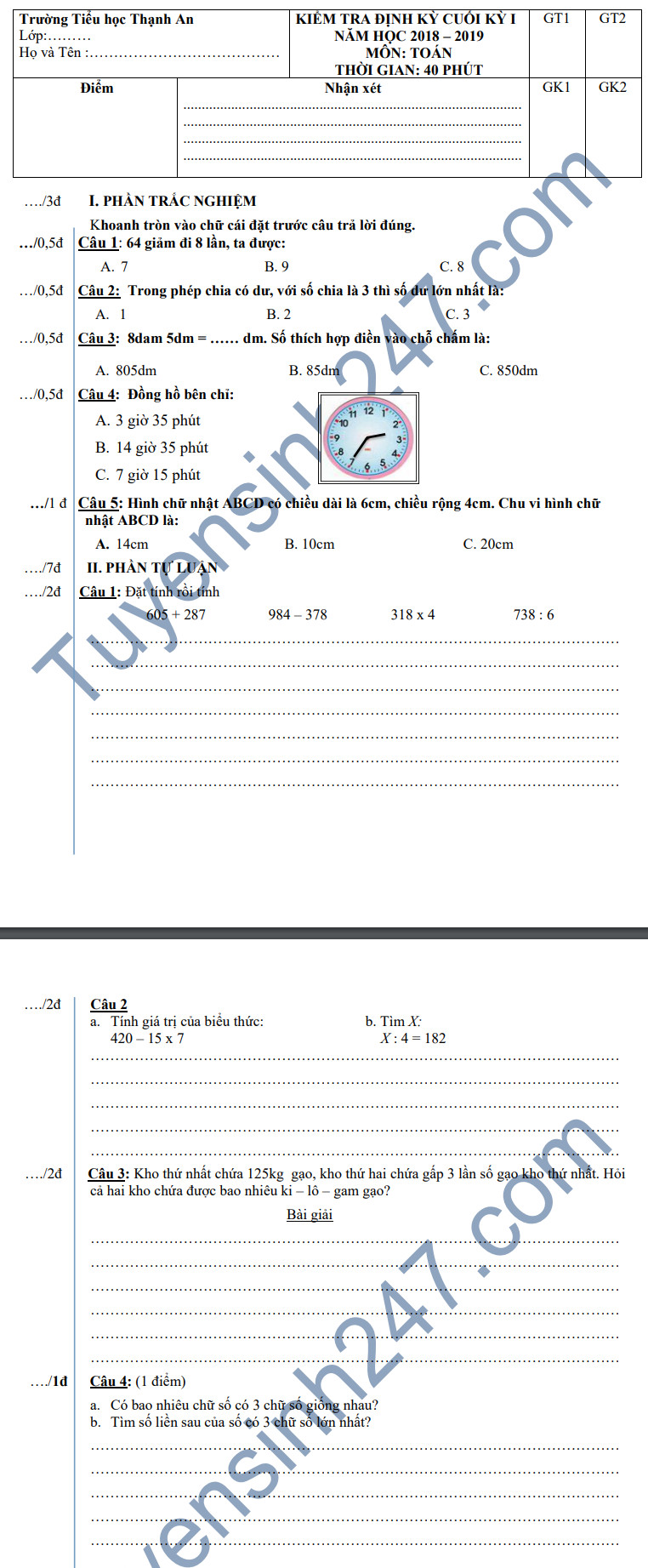 De thi hoc ky 1 lop 3 mon Toan - Tieu hoc Thanh An nam 2018